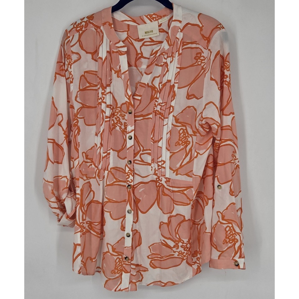 MAEVE by Anthropologie Floral Pintucked Long Sleeve Button Down Top Size S